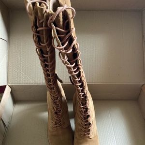 Matisse Duchess Suede Leather Lace Up Knee High Fawn Brown Heeled Boots Size 8